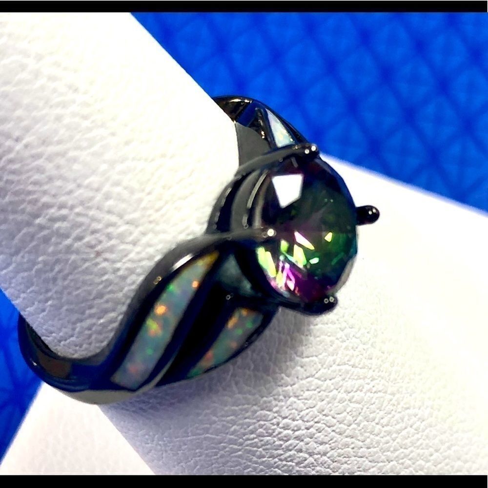 Black Rhodium Plated White Opal & Mystic Topaz Ring